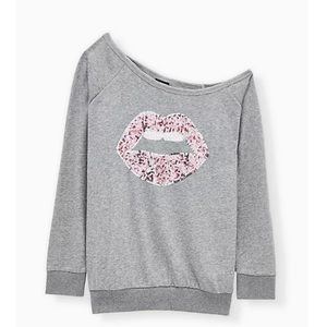 TORRID SEQUIN LIPS TERRY OFF SHOULDER SWEATSHIRT